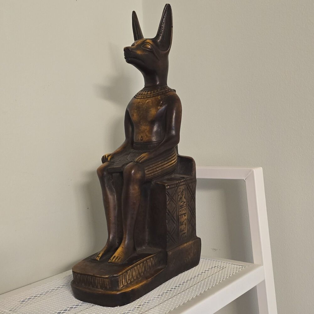 Egyptian Anubis Seated Statue Handmade Bronze Finish Hieroglyph Detail 13 Inch